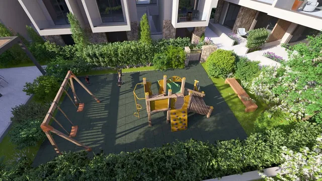 Spielplatz der Anlage Orphia aus der Vogelperspektive